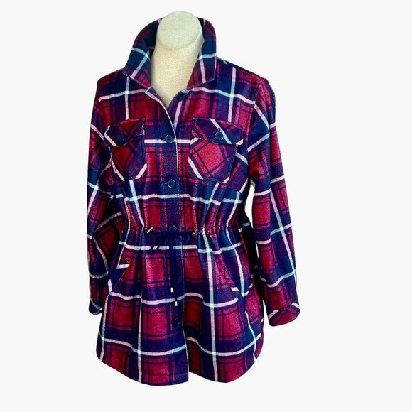 Torrid Red Blue Plaid Shacket Drawstring Cinch Waist Size 1X - Picture 1 of 8